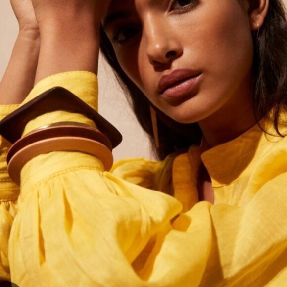 Banana Republic Rami Yellow High Neck Puff Sleeve Blouse Size S - Picture 6 of 10